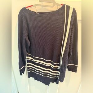 Chico’s Ribbed Navy Striped Sweater Size 1 Medium Nautical Knit Top